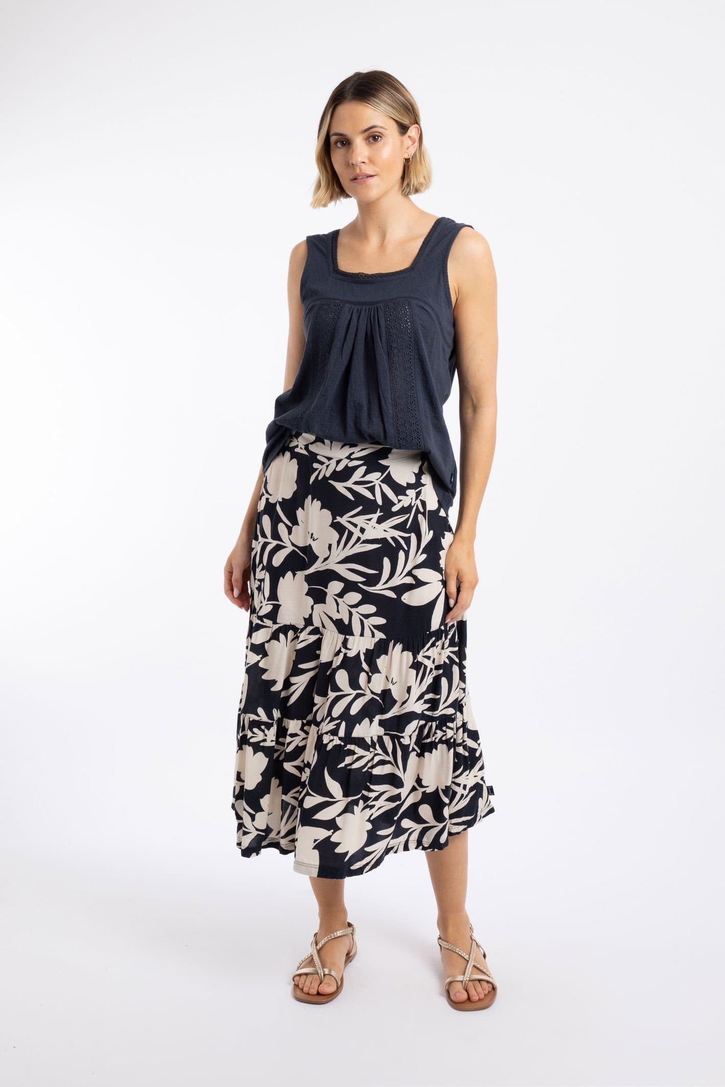 Weird Fish Weird Fish Women's Cassis Printed Tiered Skirt in Dark Blue