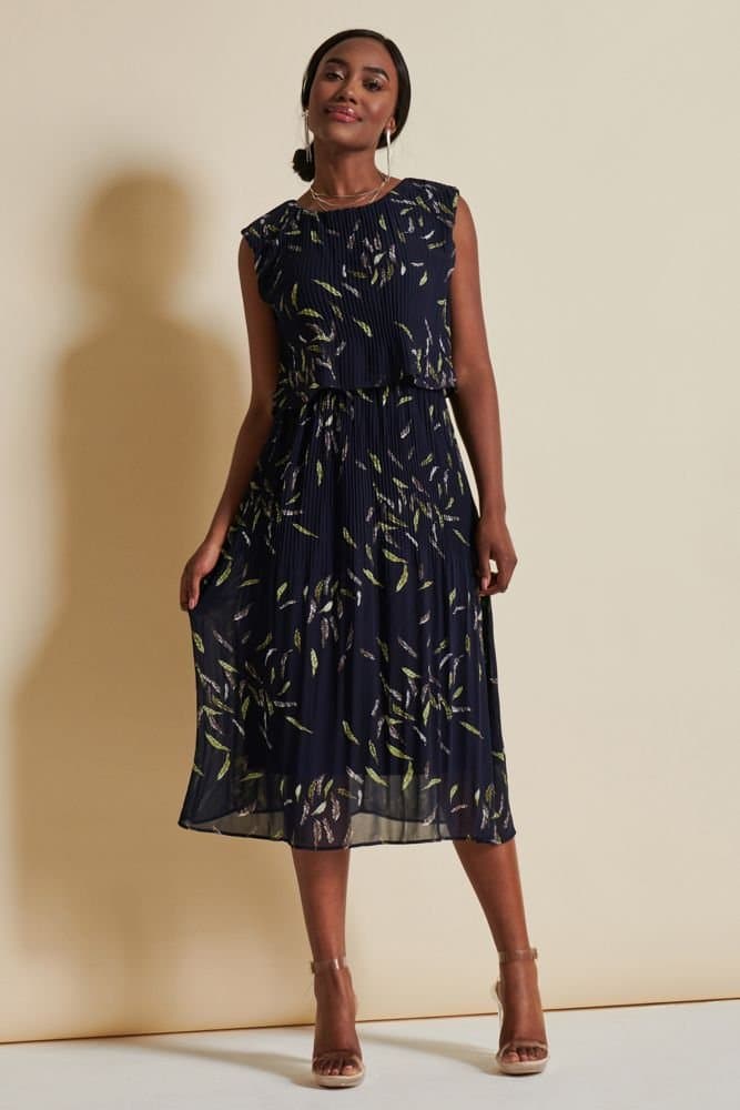 Jolie Moi Jolie Moi Women's Chiffon Pleated Overlay Midi Dress in Navy