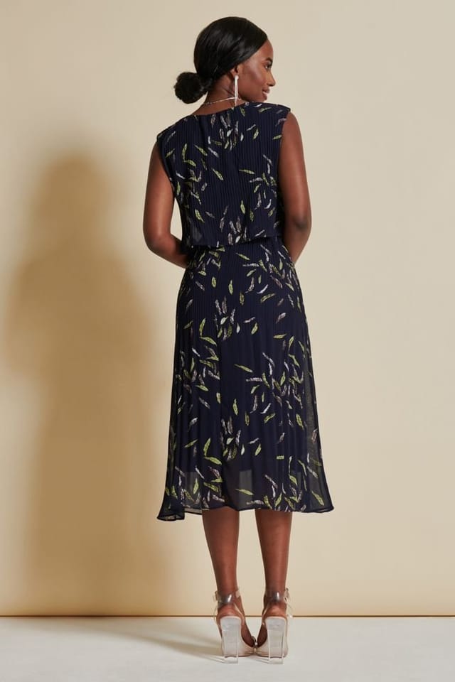 Jolie Moi Jolie Moi Women's Chiffon Pleated Overlay Midi Dress in Navy - 2