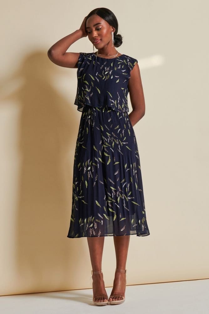 Jolie Moi Jolie Moi Women's Chiffon Pleated Overlay Midi Dress in Navy - 4