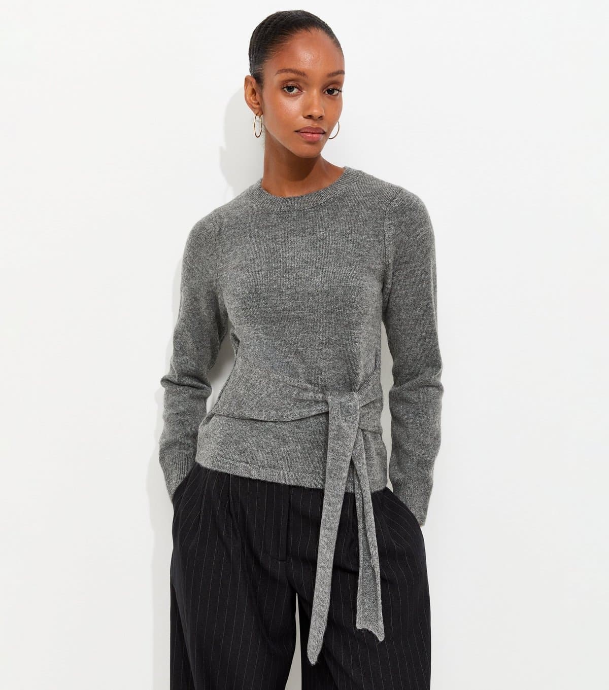 New Look Women's Grey Knitted Tie Front Jumper New Look