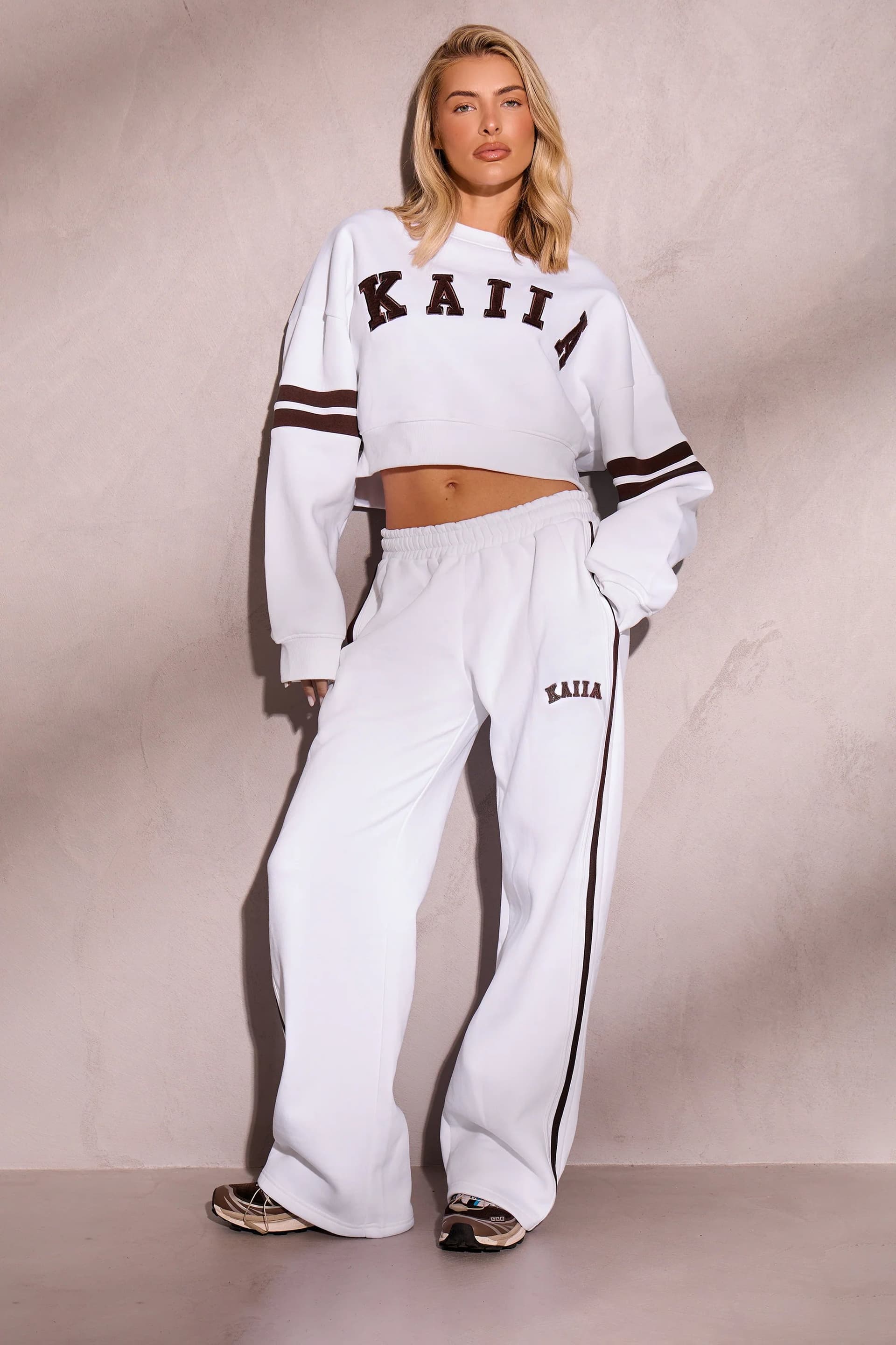 Kaiia Kaiia Side Stripe Wide Leg Joggers Off White & Brown