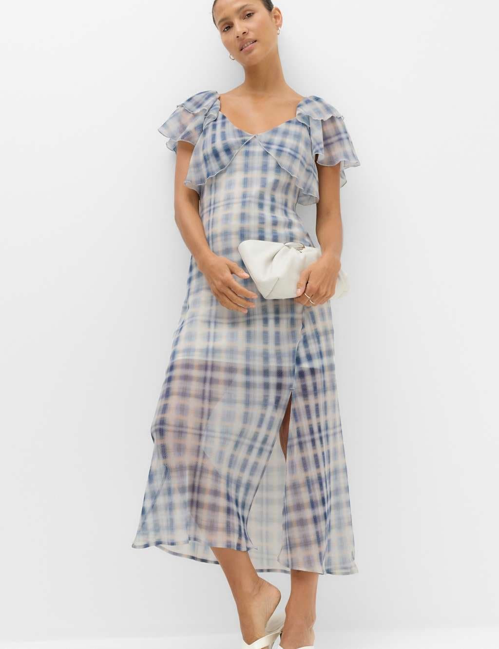 Marks & Spencer M&S Checked Frill Sleeve Maxi Column Dress Ivory Mix