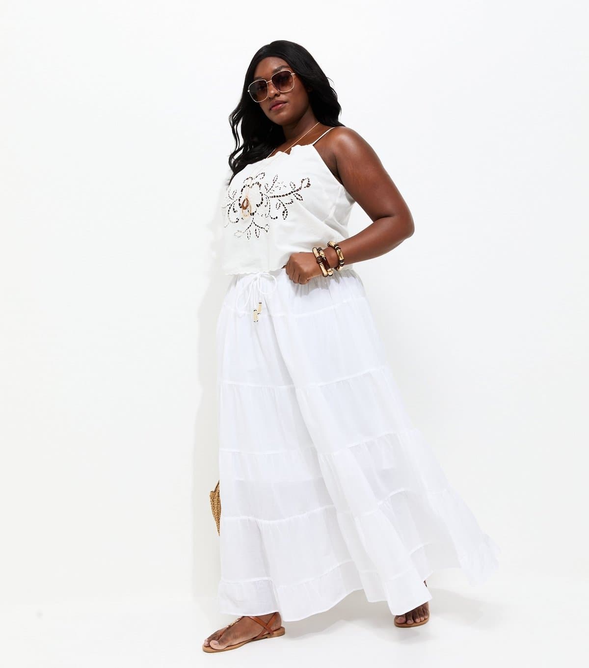 New Look Women's Plus Size White Tassel Tiered Midi Skirt Curves New Look