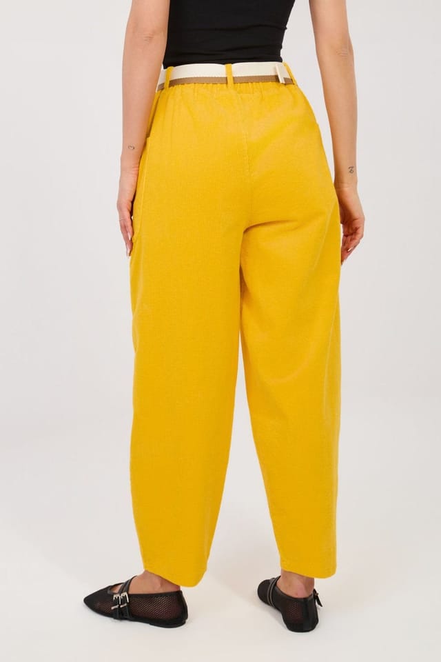 Love Lace Love Lace Women's Corduroy Carrot High Waist Trousers with Belt in Yellow - 2