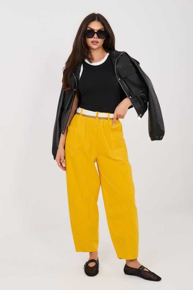 Love Lace Love Lace Women's Corduroy Carrot High Waist Trousers with Belt in Yellow - 3