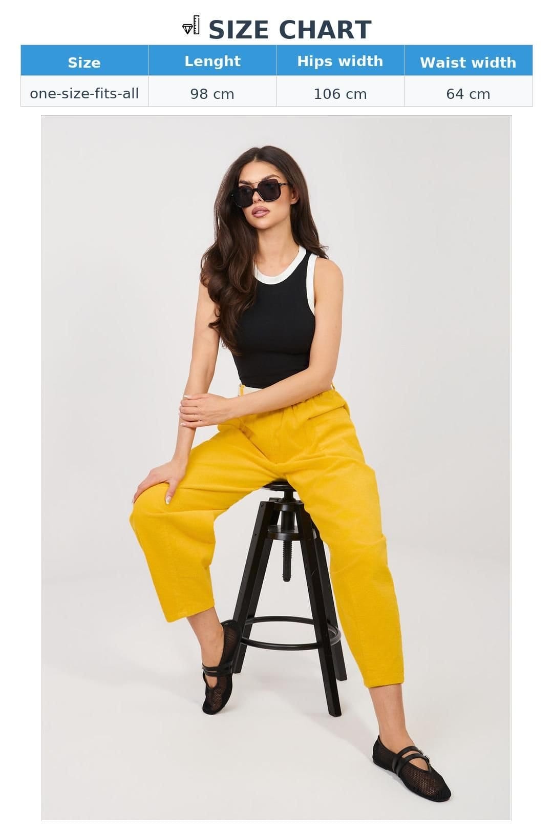 Love Lace Love Lace Women's Corduroy Carrot High Waist Trousers with Belt in Yellow - 4
