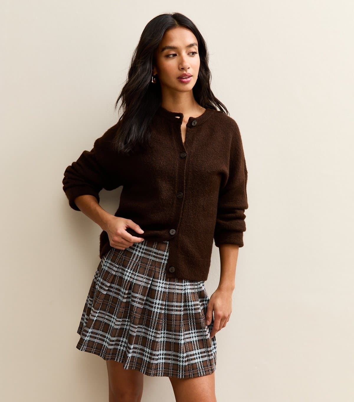 New Look Women's Petite Brown Checked Pleated Mini Skirt New Look