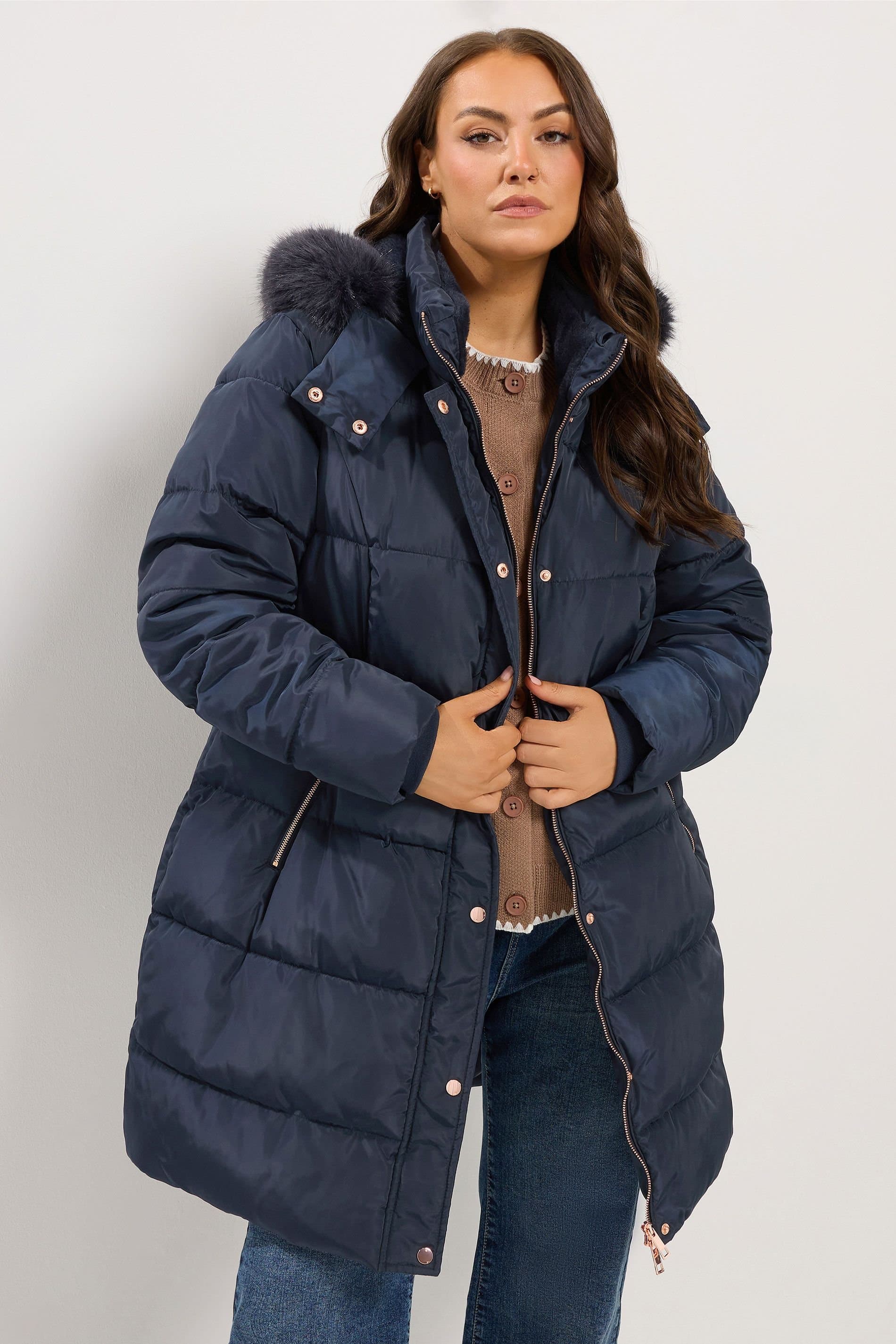 Yours Yours Women's Midi Puffer Coat in Dark Navy