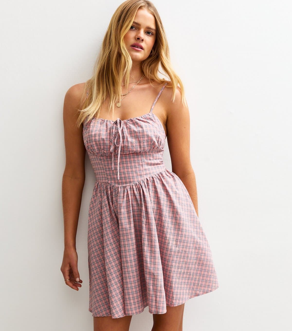 New Look Women's Pink Check Print Strappy Milkmaid Mini Dress New Look