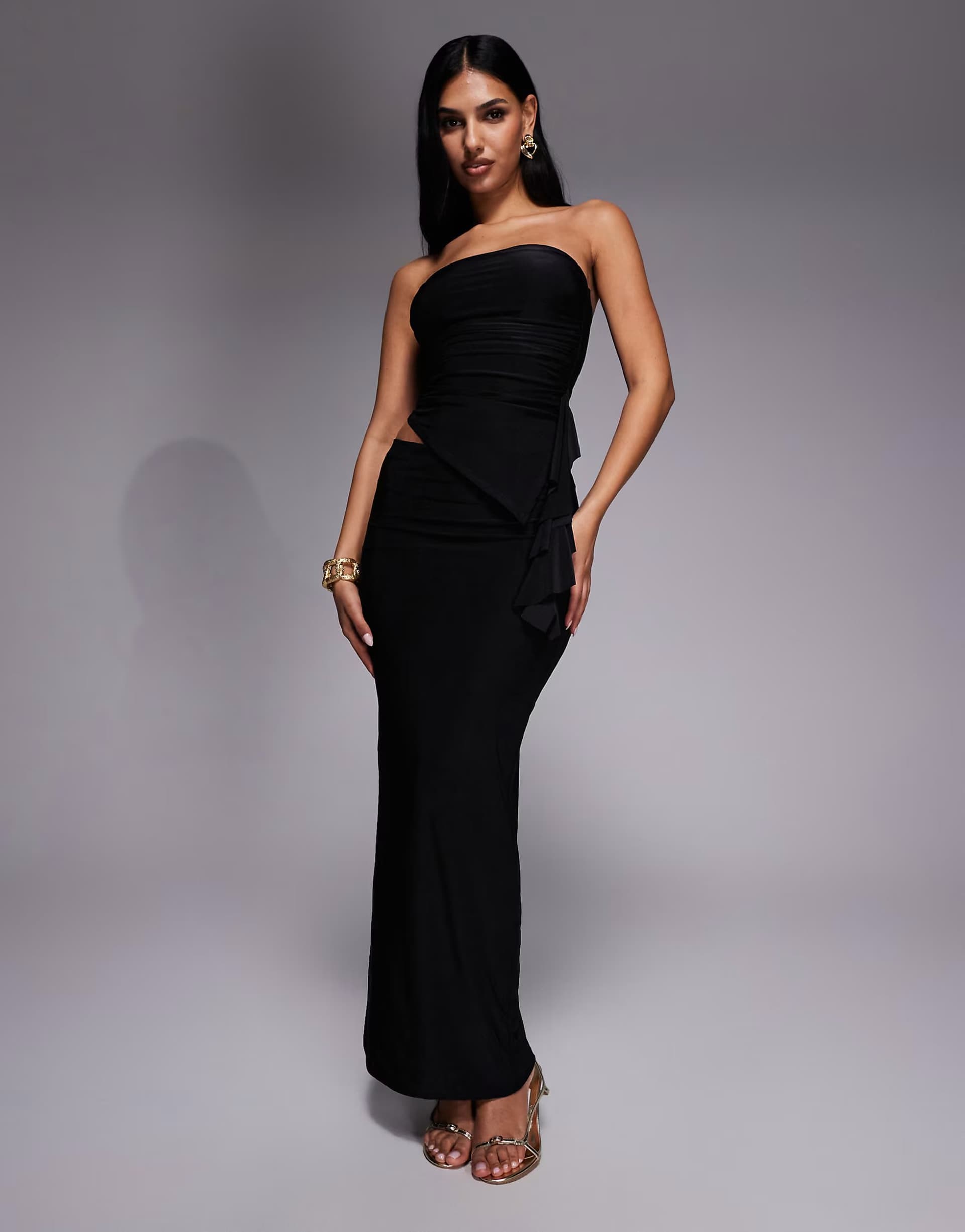 ASOS Kaiia exclusive double layered slinky ruffle side detail maxi skirt co-ord in black