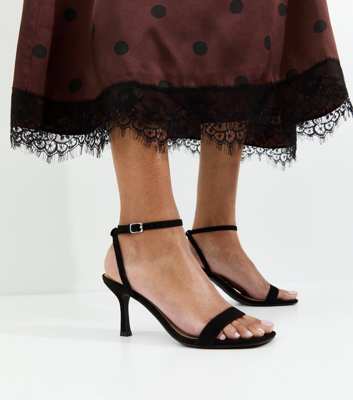 New Look Women's Black Faux Suede Square Top Stiletto Sandals Vegan New Look