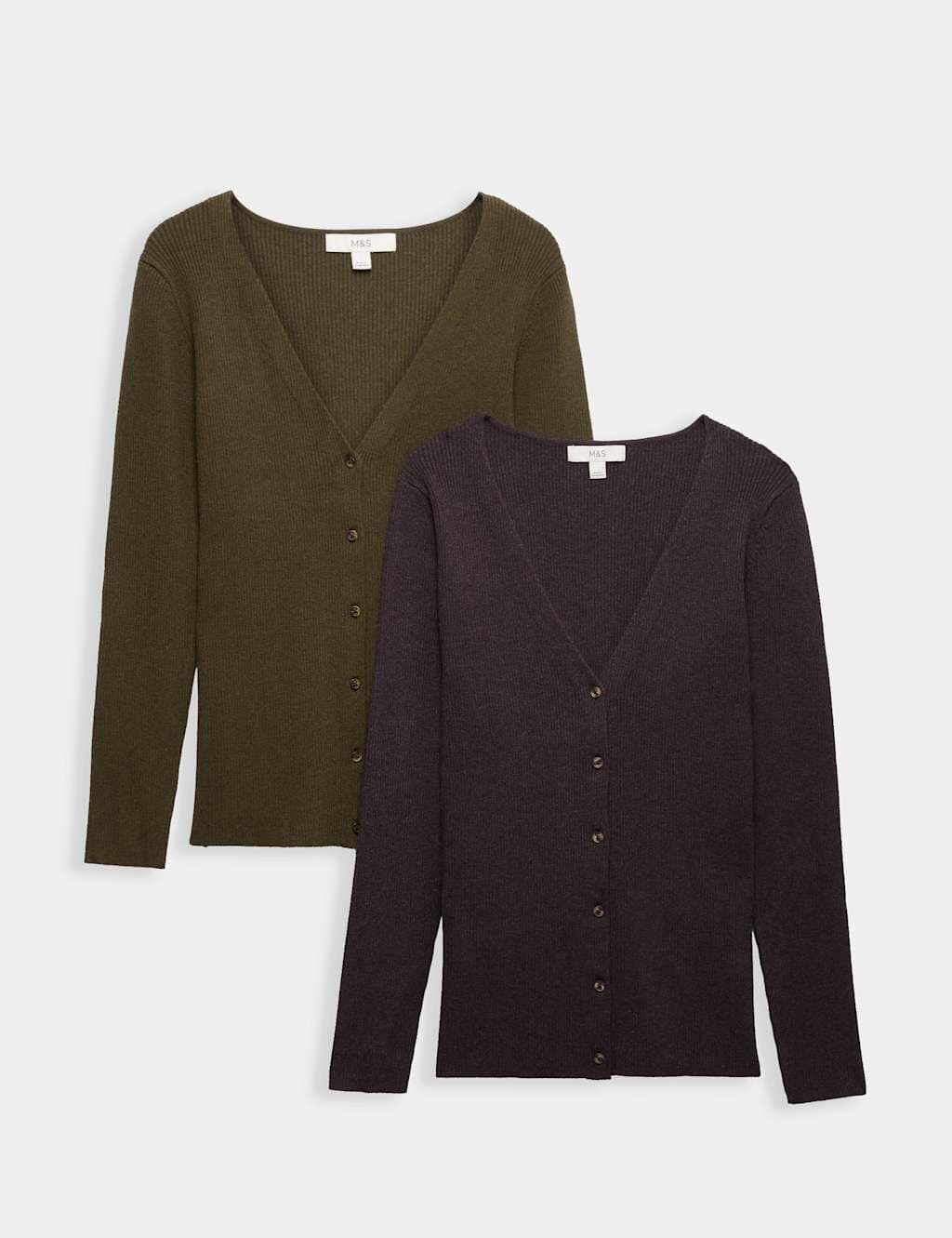 Marks & Spencer M&S 2 Pack Ribbed V-Neck Slim Fit Cardigans Multi