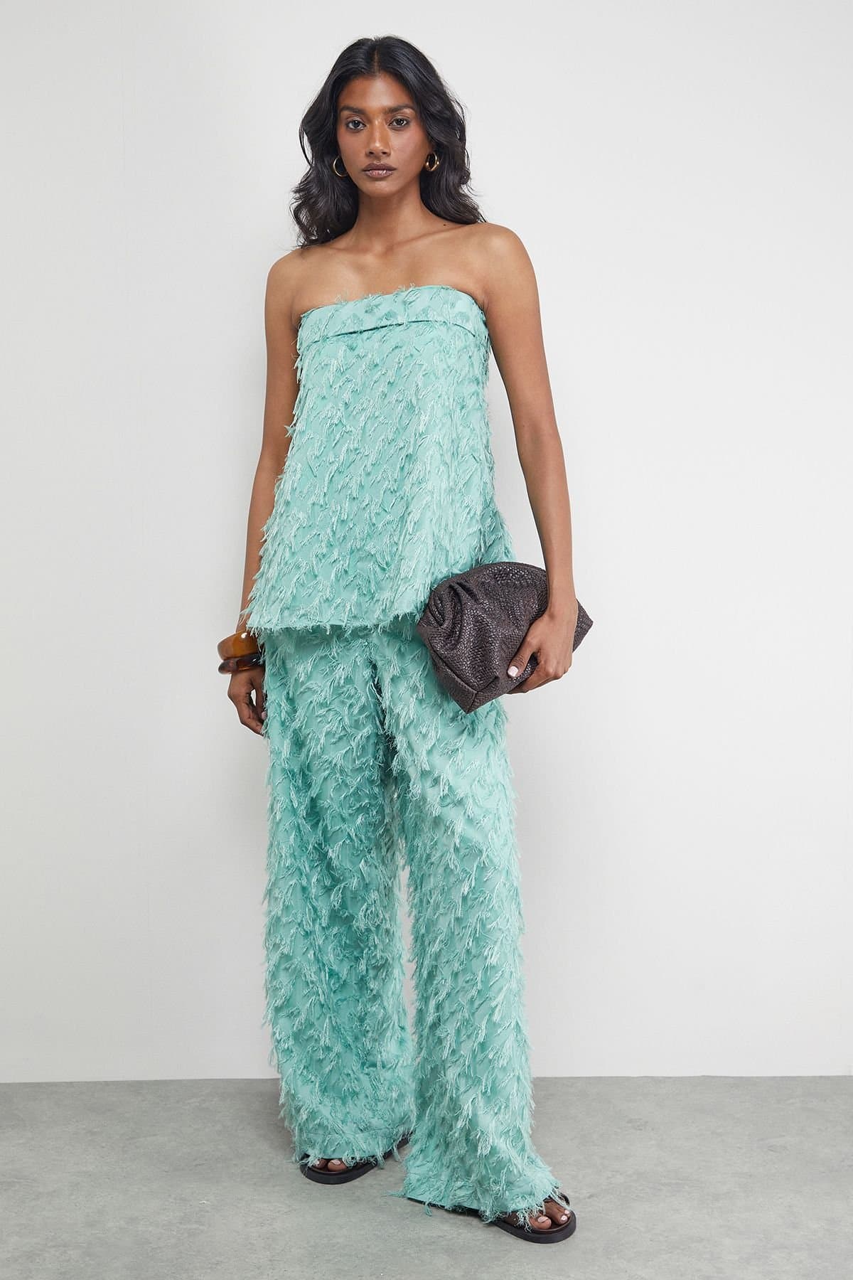 Warehouse Warehouse Pale Green Fluffy High Waisted Trousers