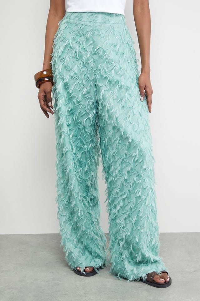 Warehouse Warehouse Women's Fluffy High Waisted Wide Leg Trouser in Pale Green - 2