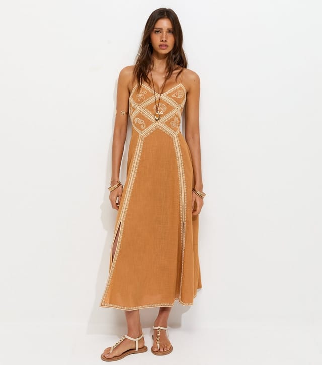 New Look Women's Dark Yellow Shell Embroidered Strappy Midi Dress New Look - 3