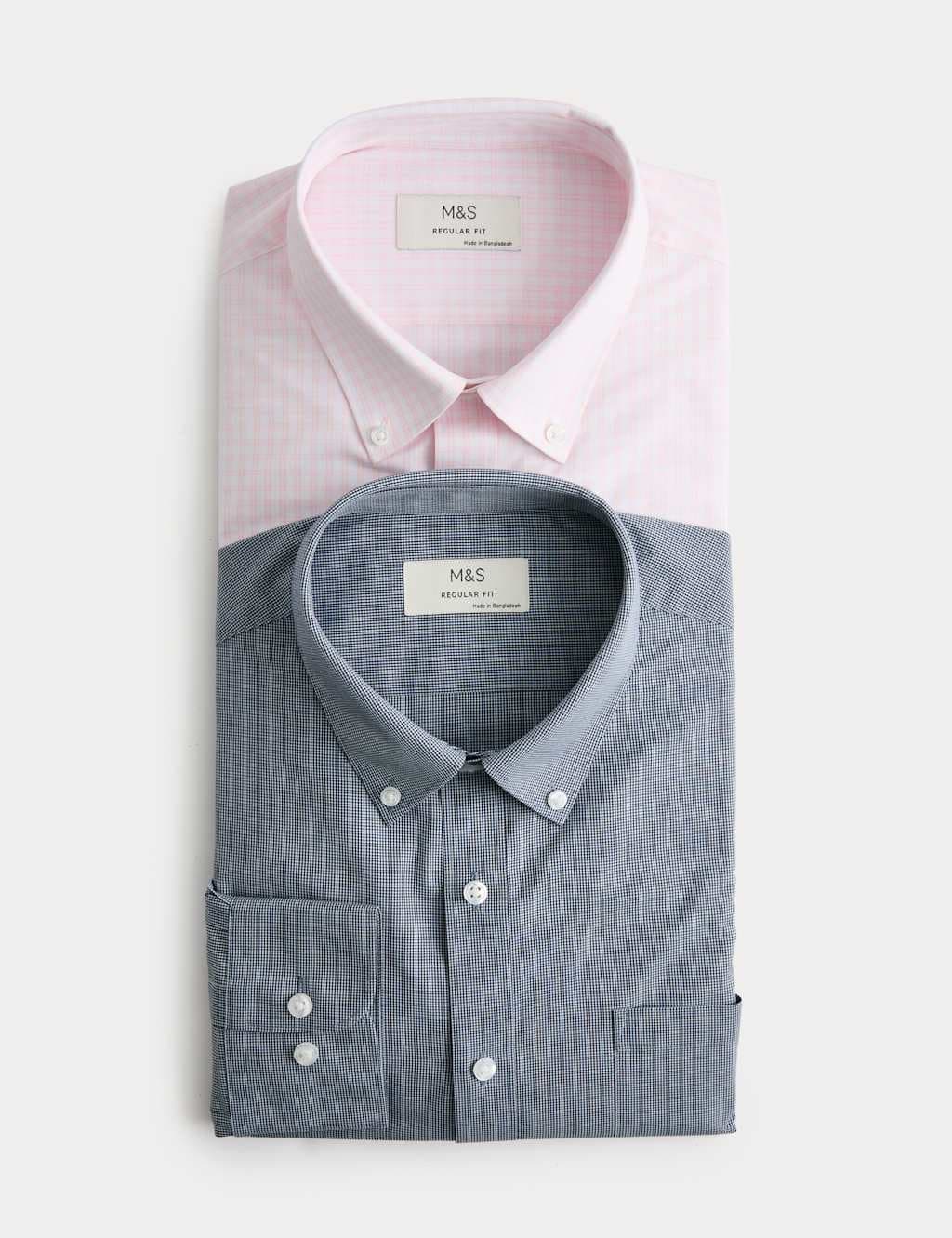 Marks & Spencer M&S 2 Pack Regular Fit Easy Iron Check Shirts Blue Mix