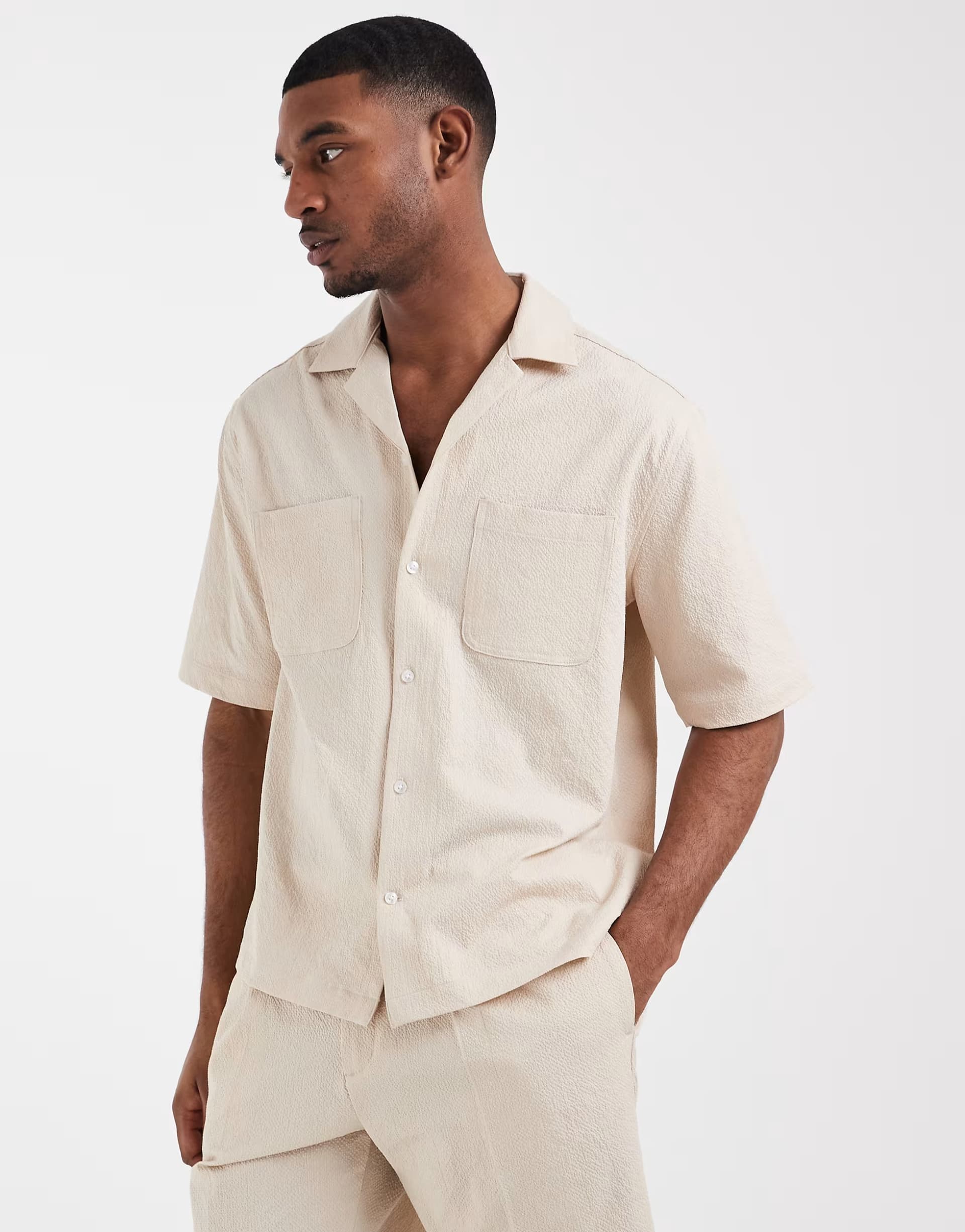 ASOS ASOS DESIGN smart co-ords relaxed shirt in stone seersucker