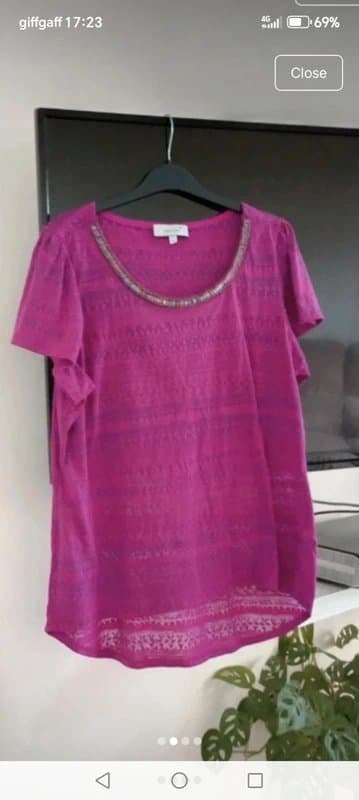 Per Una Ladies size 14  per una purple pink embellished neckline detail  Shortsleeve top