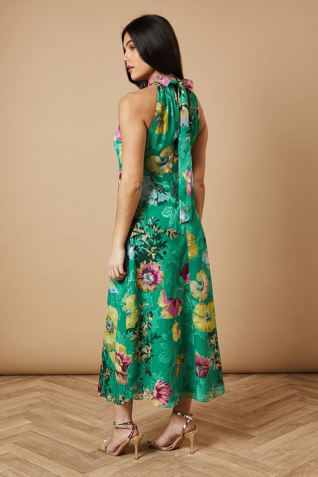 Oasis Oasis Women's Floral Satin Burnout Halterneck Midi Dress in Green - 3
