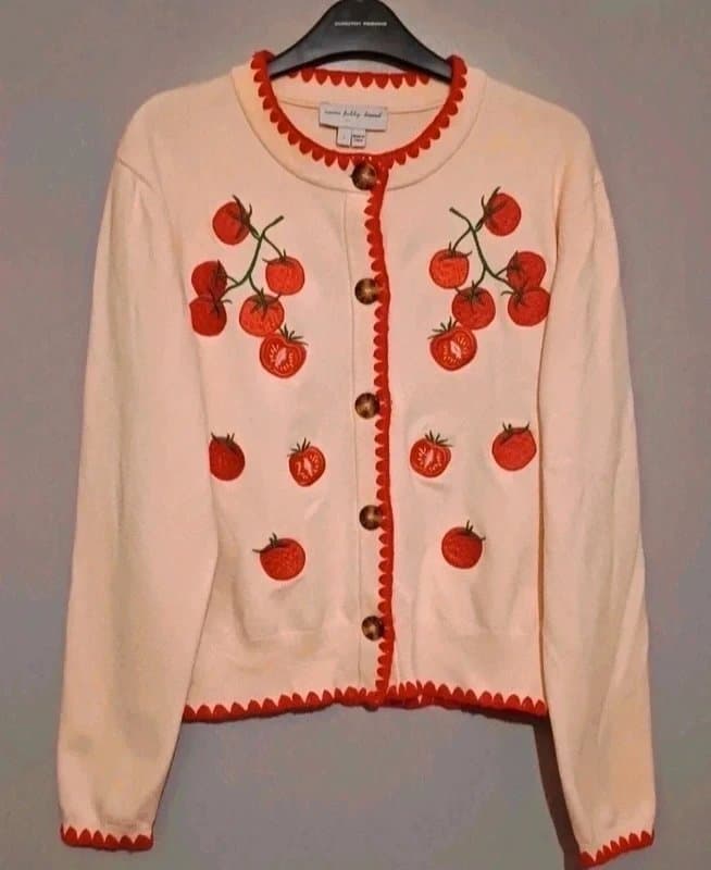 Never Fully Dressed Never Fully Dressed Cream Red Embroidered Tomatoes Cardigan - size L (14/16)