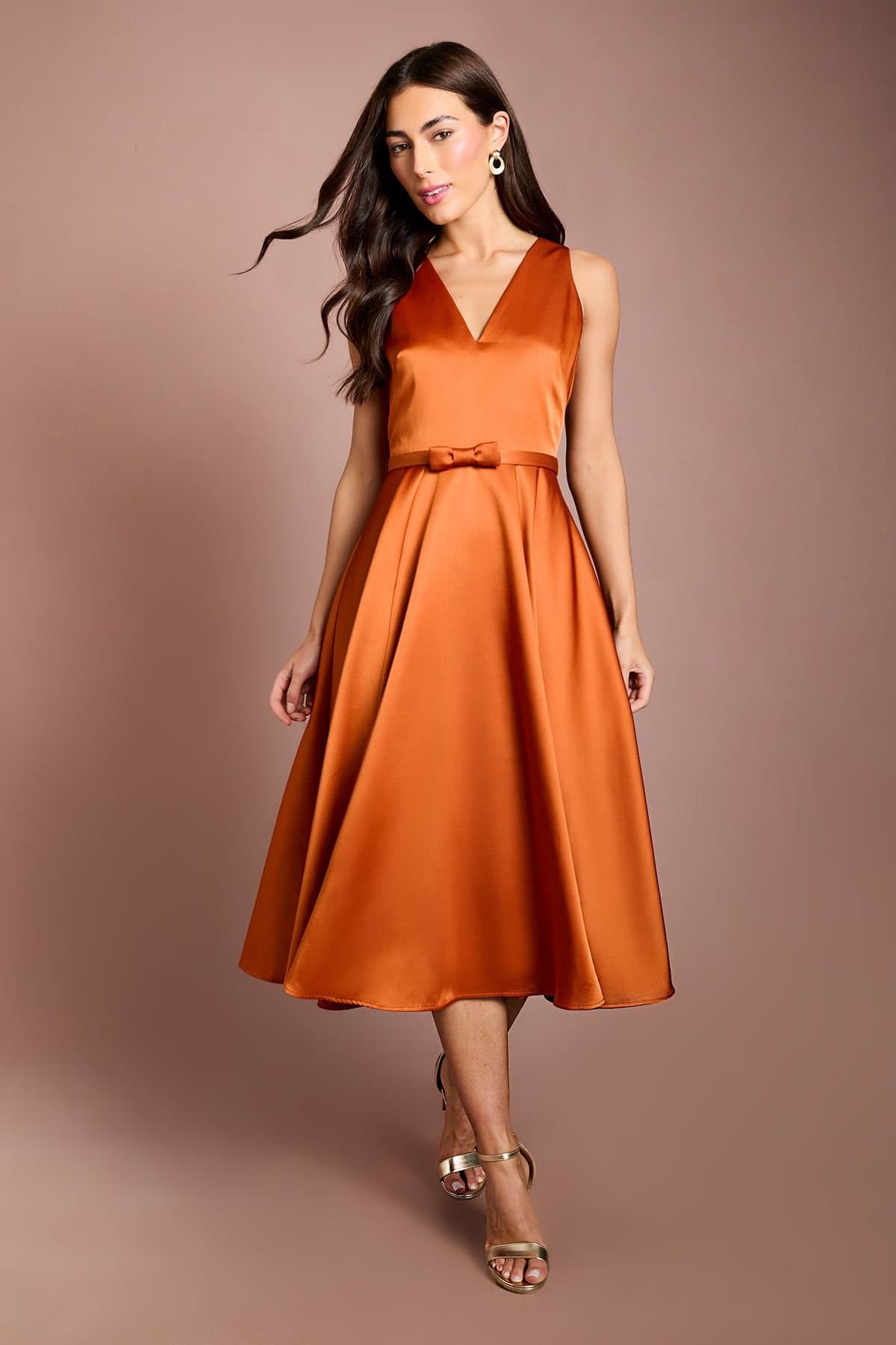 Coast Coast Women's Bow Trim V Neck Volume Skirt Midi Dress in Rust