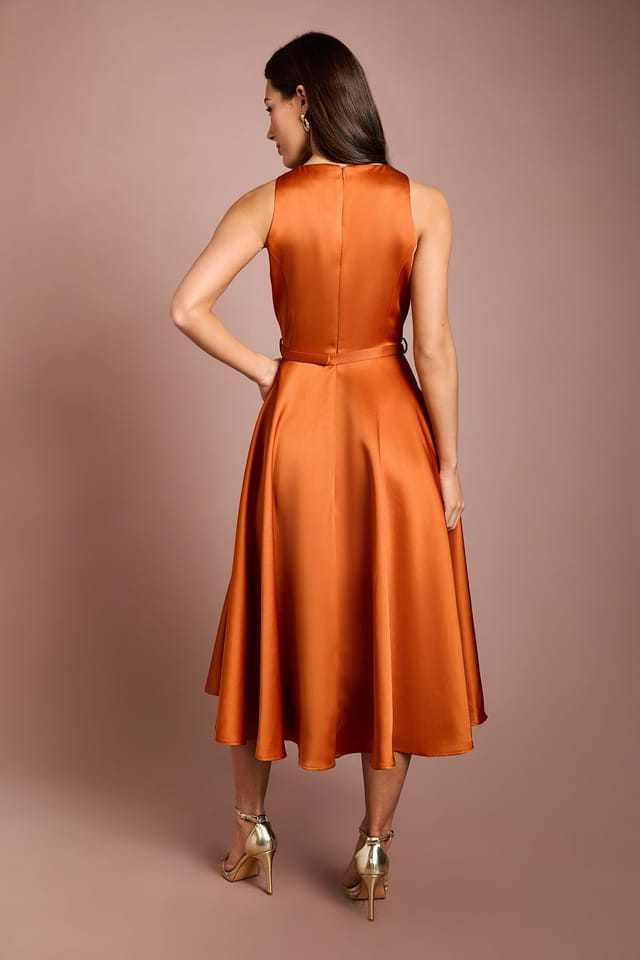 Coast Coast Women's Bow Trim V Neck Volume Skirt Midi Dress in Rust - 3