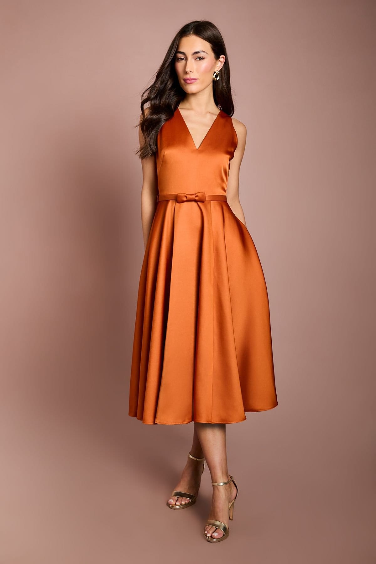 Coast Coast Women's Bow Trim V Neck Volume Skirt Midi Dress in Rust - 4