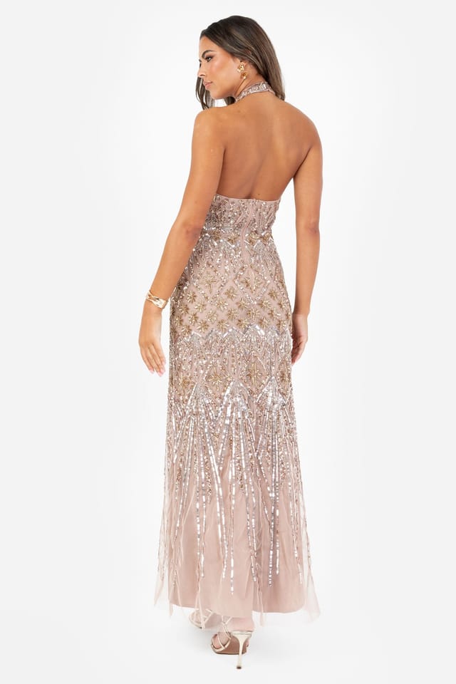 Maya Deluxe Maya Deluxe Women's Embellished Halter Neck Open Back Maxi Dress in Nude - 2