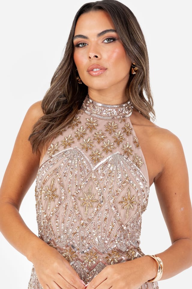 Maya Deluxe Maya Deluxe Women's Embellished Halter Neck Open Back Maxi Dress in Nude - 3