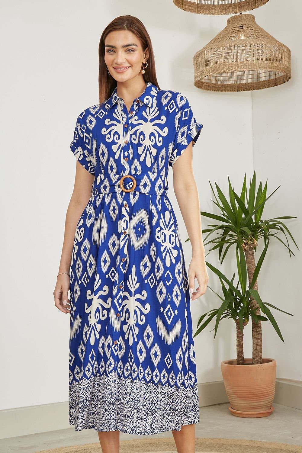 Yumi Yumi Women's Blue Abstract Geo Print Relaxed Midi Shirt Dress With Belt
