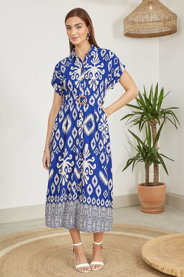 Yumi Yumi Women's Blue Abstract Geo Print Relaxed Midi Shirt Dress With Belt - 2