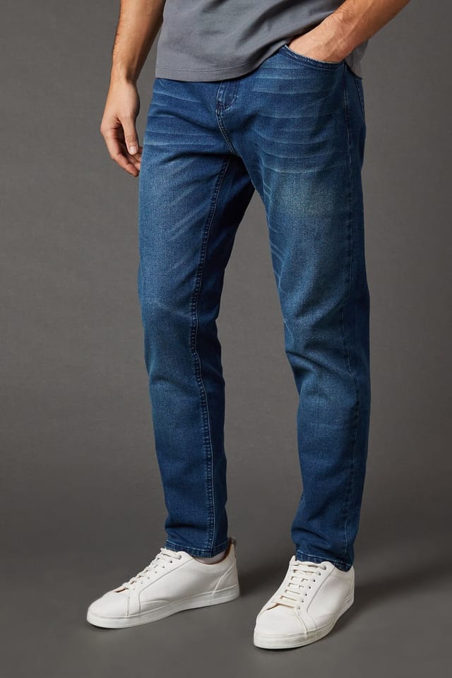 Burton Burton Men's Blue Wash Stretch Tapered Fit Jeans in Bright Blue - 2