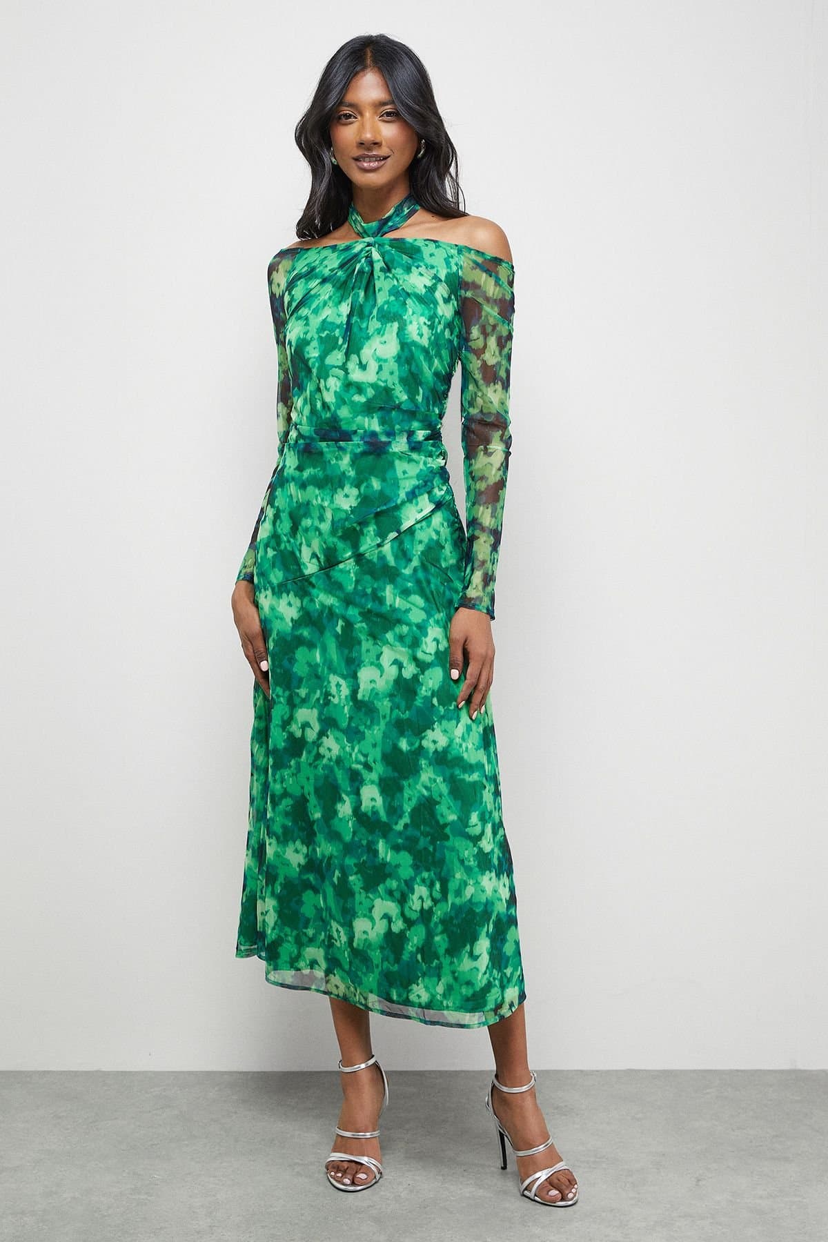 Warehouse Warehouse Women's Print Twist Mesh Midi Dress in Green