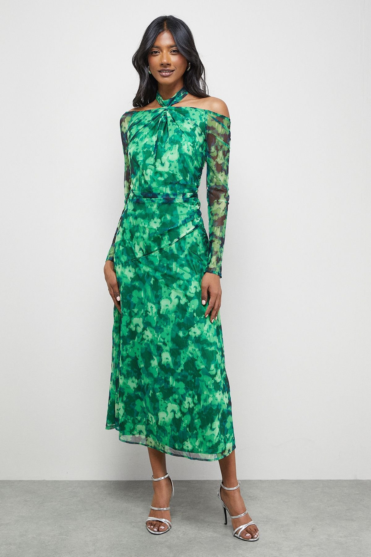 Warehouse Warehouse Women's Print Twist Mesh Midi Dress in Green - 2