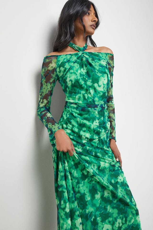 Warehouse Warehouse Women's Print Twist Mesh Midi Dress in Green - 2