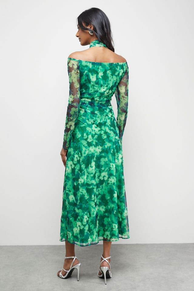 Warehouse Warehouse Women's Print Twist Mesh Midi Dress in Green - 3