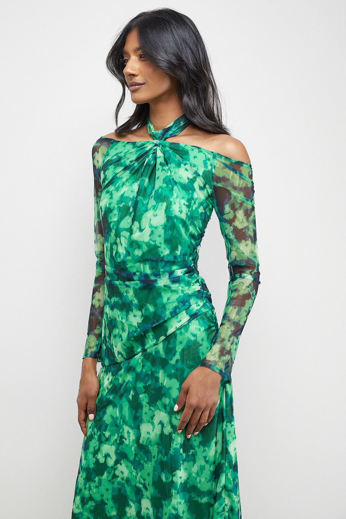 Warehouse Warehouse Women's Print Twist Mesh Midi Dress in Green - 4