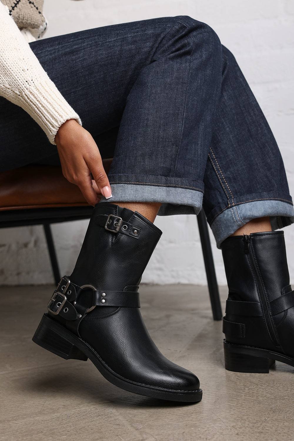 Wheres That From Where's That From Women's 'Xoe' Mid Calf Biker Boots with Double Buckle Strap Detail in Black - 2