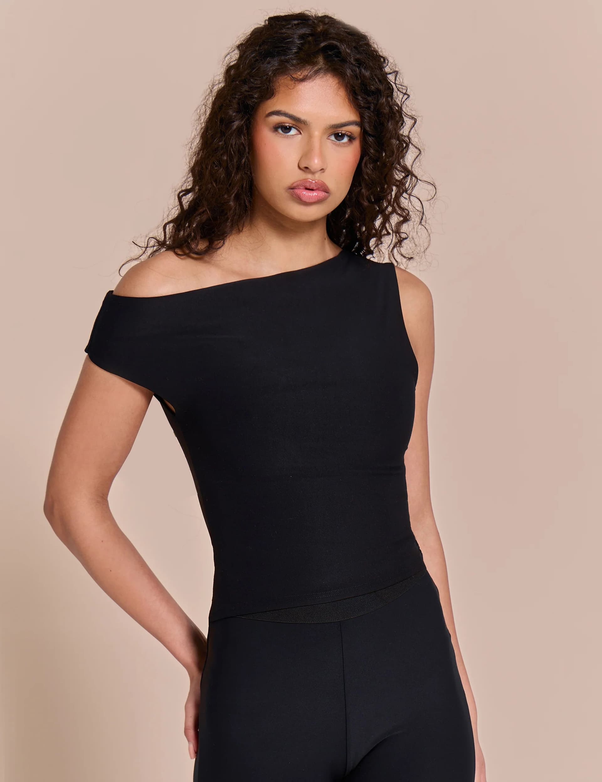 Public Desire Asymmetric One Shoulder Luxe Slinky Top Black