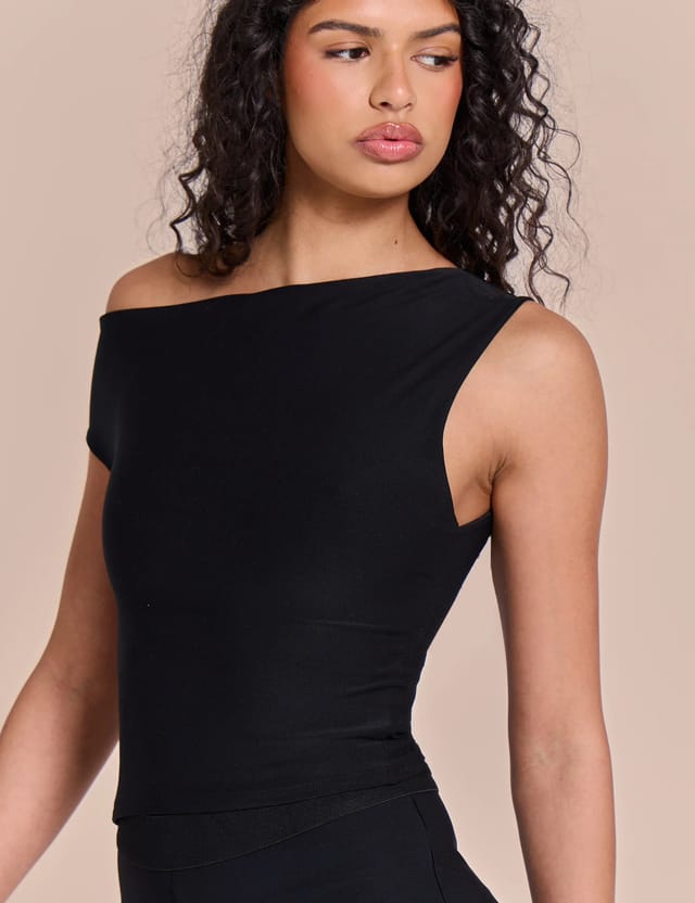 Public Desire Asymmetric One Shoulder Luxe Slinky Top Black - 2