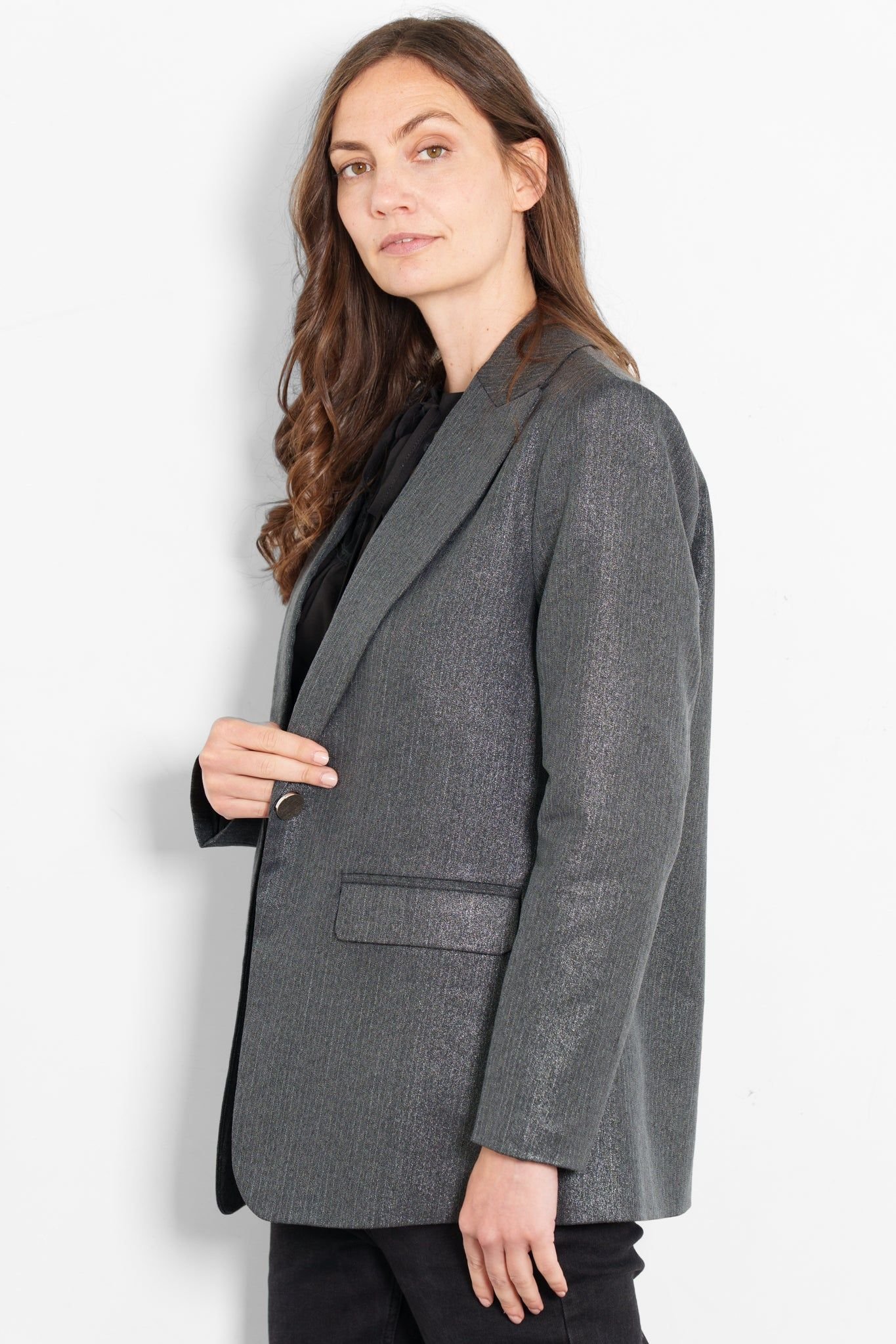 Sarta Sarta Women's Tatum Glitter Stripe Boyfriend Blazer - Gun Metal in Mid Grey - 2