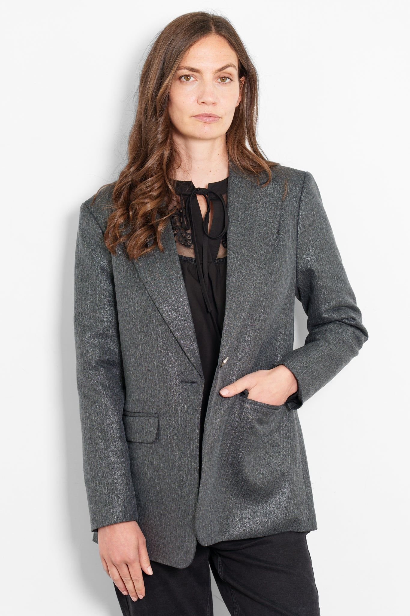 Sarta Sarta Women's Tatum Glitter Stripe Boyfriend Blazer - Gun Metal in Mid Grey - 3