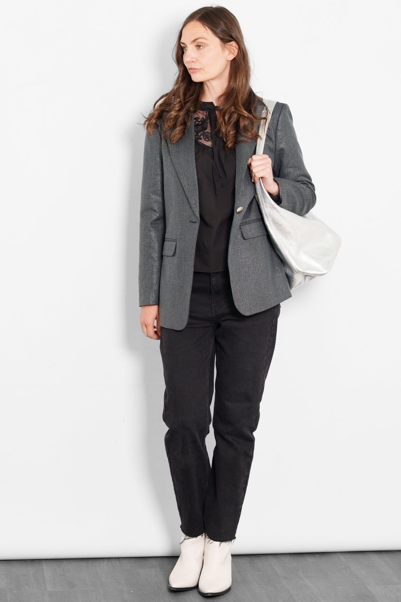 Sarta Sarta Women's Tatum Glitter Stripe Boyfriend Blazer - Gun Metal in Mid Grey - 4