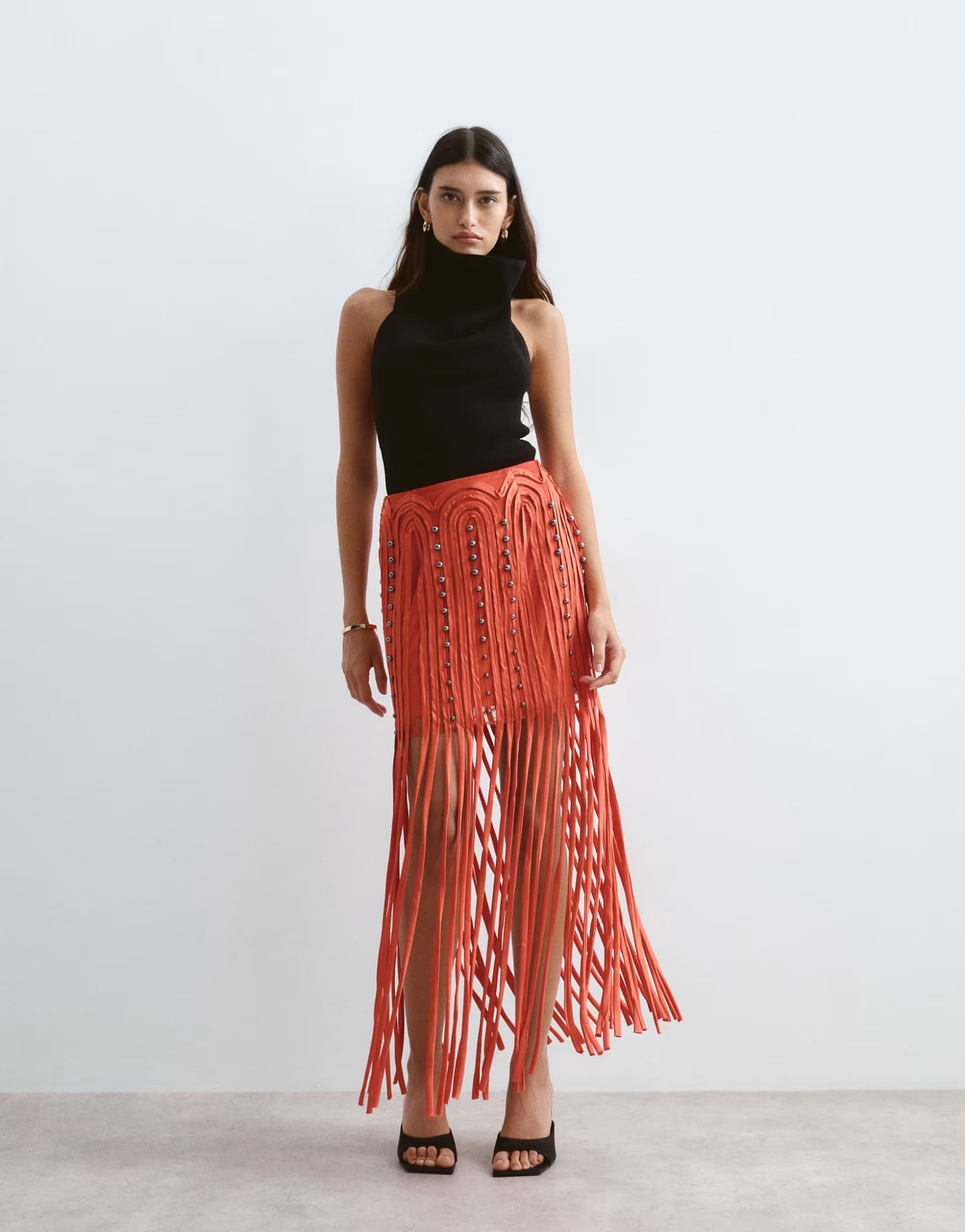 ASOS ARRANGE beaded linear fringe hem midi skirt in red