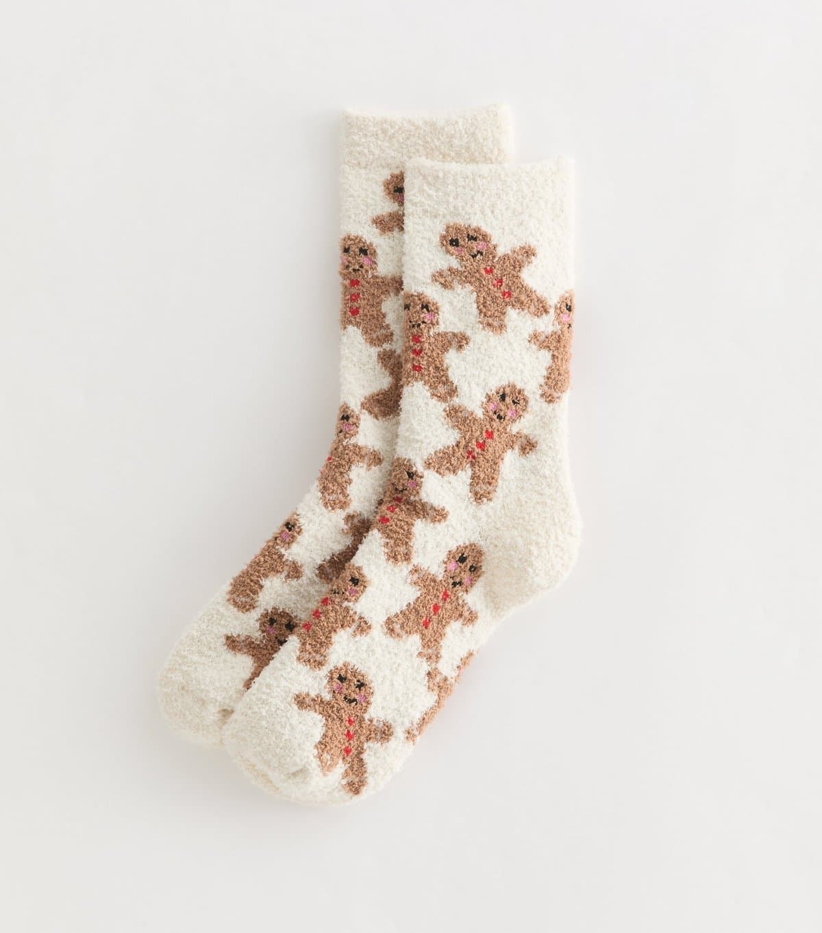 New Look Cream Fuzzy Knit Christmas Gingerbread Man Patterned Ankle Socks New Look