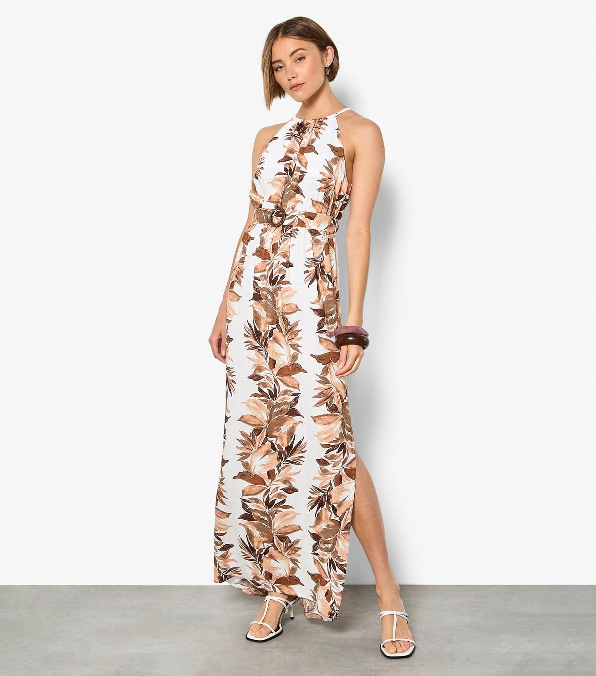 Apricot White Leaf Print Stripe Halter Neck Maxi Dress