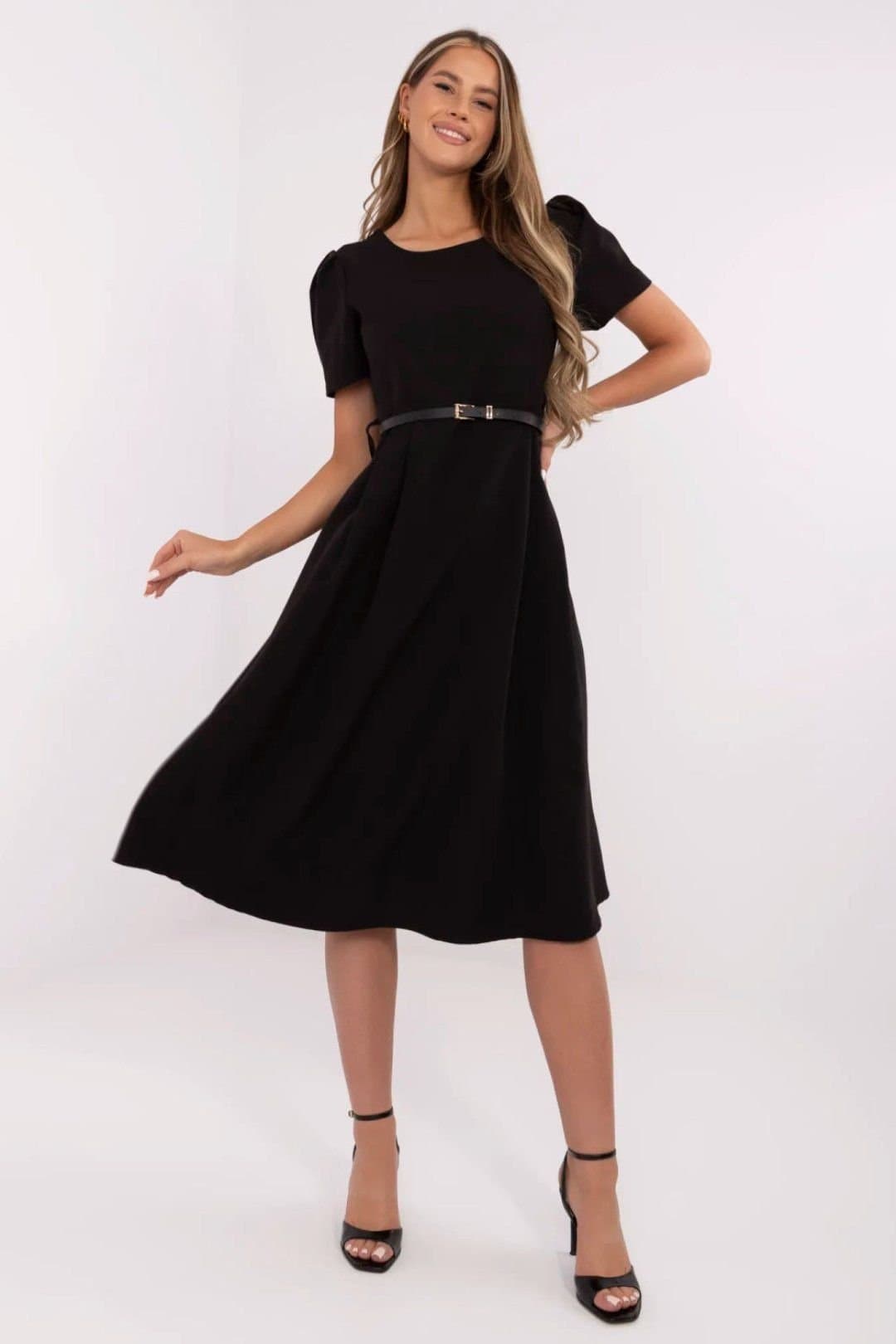 Love Lace Love Lace Women's Classic Flared Midi Dress with Belt in Black