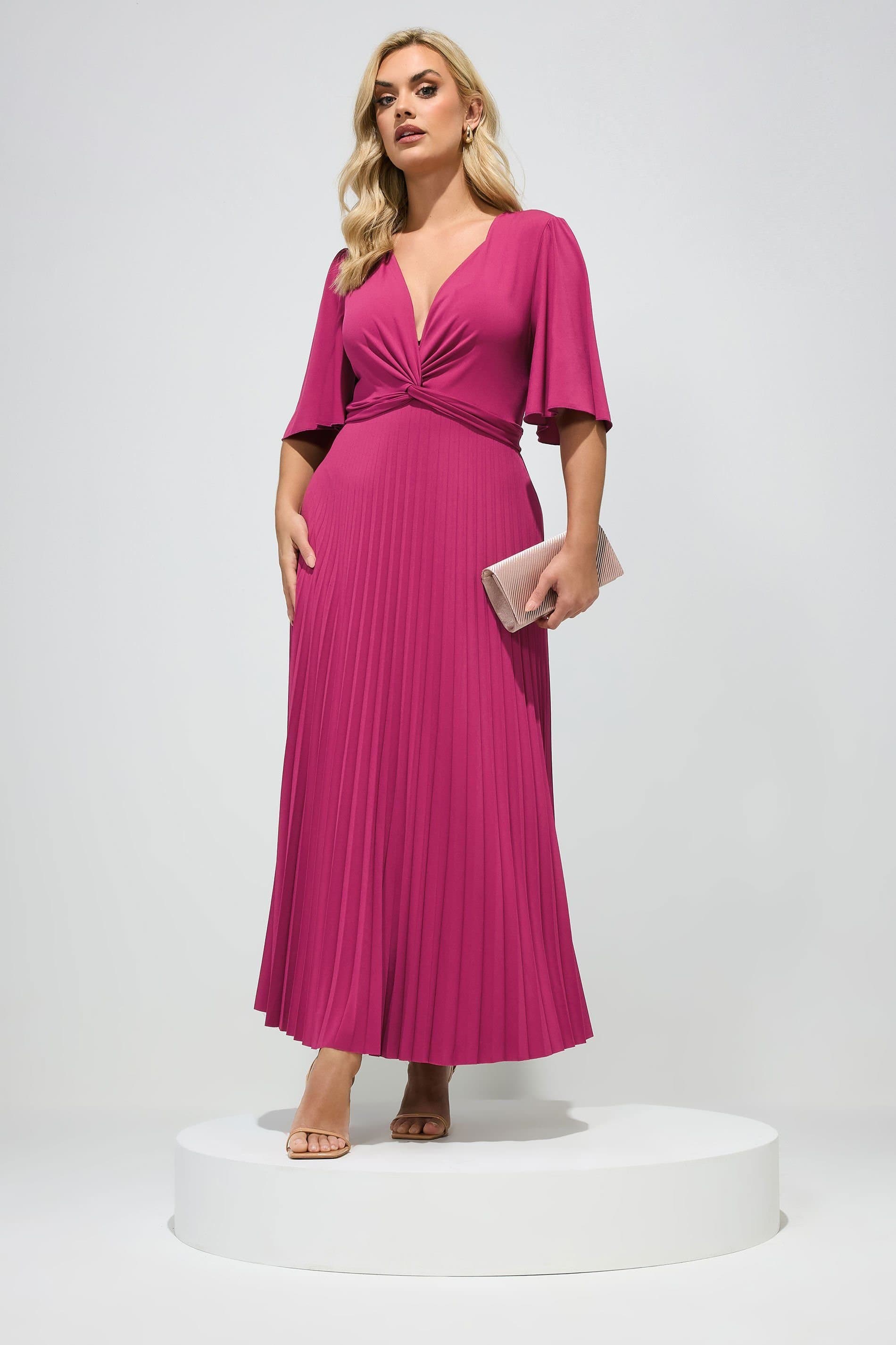 Yours Yours Women's Knot Pleated Maxi Dress in Dark Pink