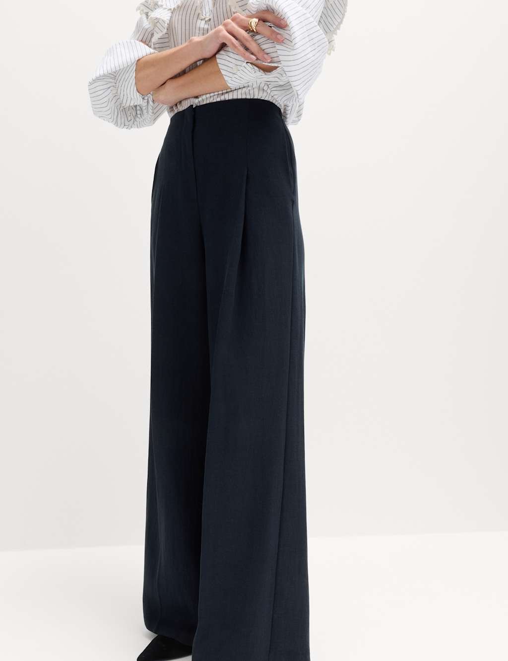 Marks & Spencer M&S Single Pleat Wide Leg Trousers with Linen Midnight Navy - 2